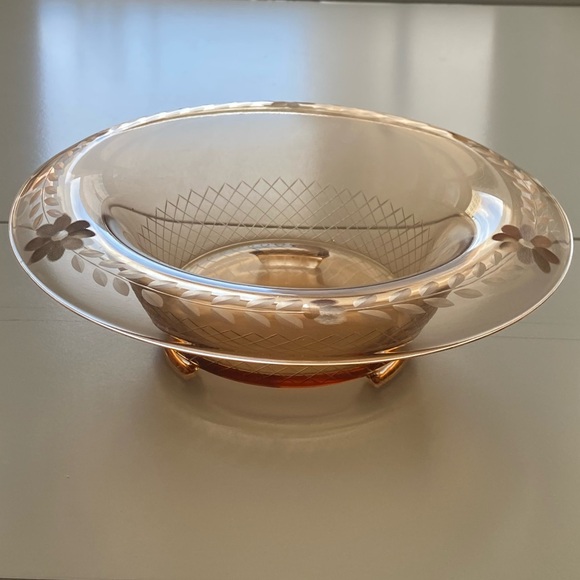 Large Vintage Floral Amber Depression Glass Console Bowl - Picture 8 of 12